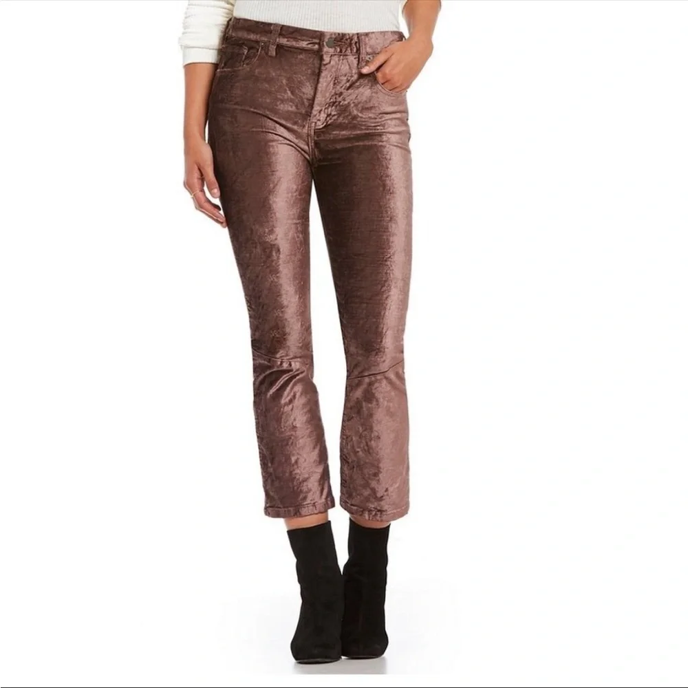 Free People Velvet Metallic Coated Cropped High Rise Disco Flare Jeans 25 Brown - Picture 1 of 13